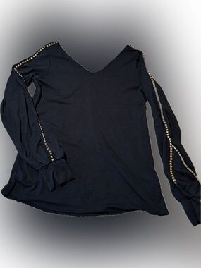 E59 Sweetees Black V-Neck Long Sleeve Top with Gold Stud Accent, Size L